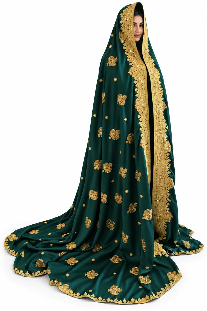 Limited edition emerald and gold Indian silk bridal veil — side view on model