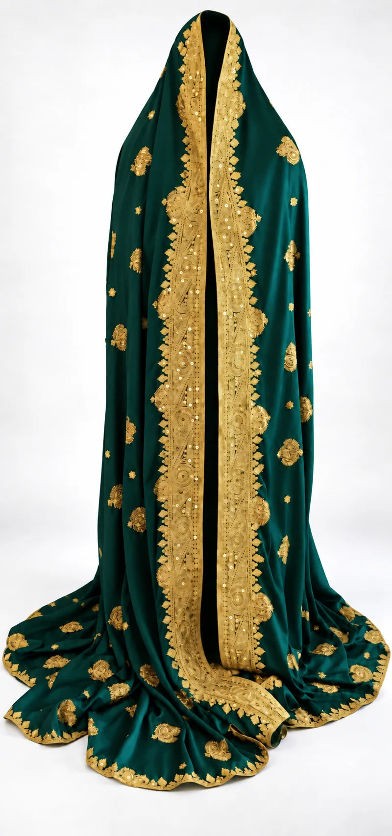 Limited edition emerald and gold Indian silk bridal veil — front draped view