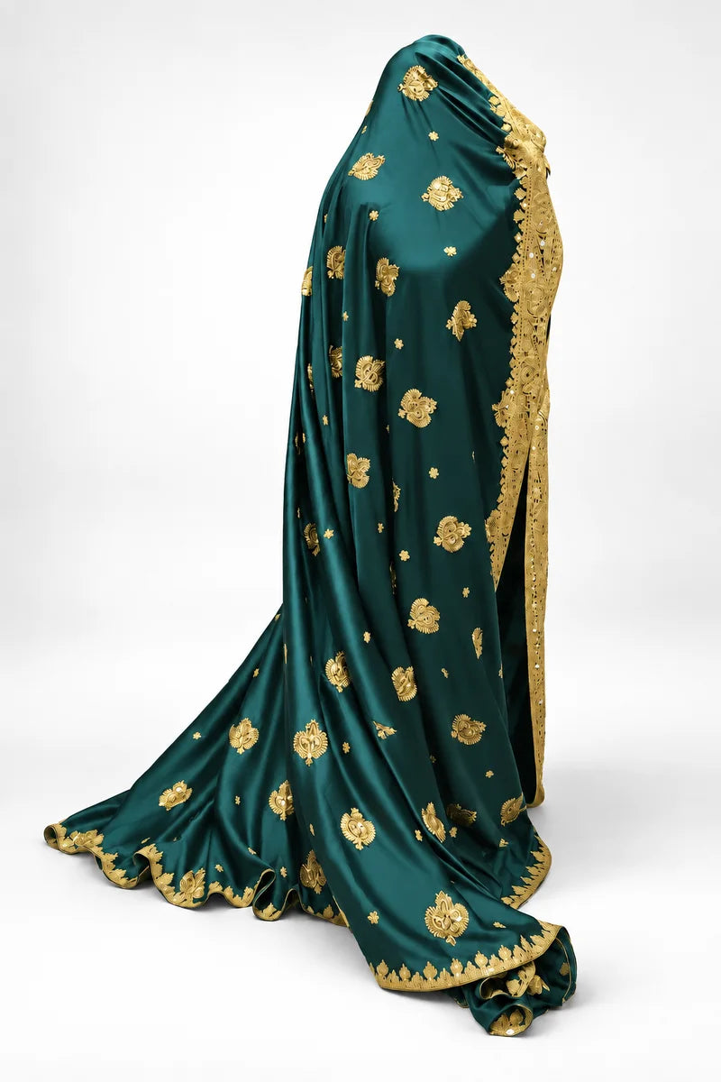 Limited edition emerald and gold Indian silk bridal veil — side draped view