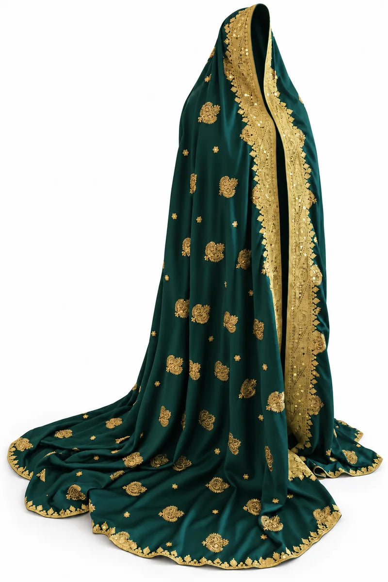 Limited edition emerald and gold Indian silk bridal veil — side profile