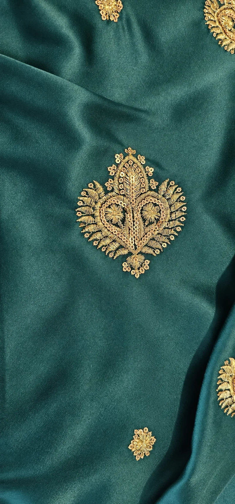 Limited edition emerald and gold Indian silk bridal veil — gold embroidery close-up
