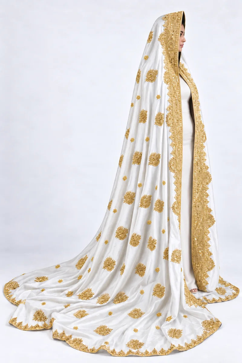 Limited edition white and gold Indian silk bridal veil — side view on model