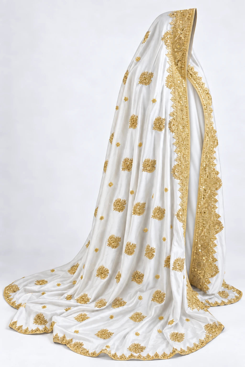 Limited edition white and gold Indian silk bridal veil — side draped view
