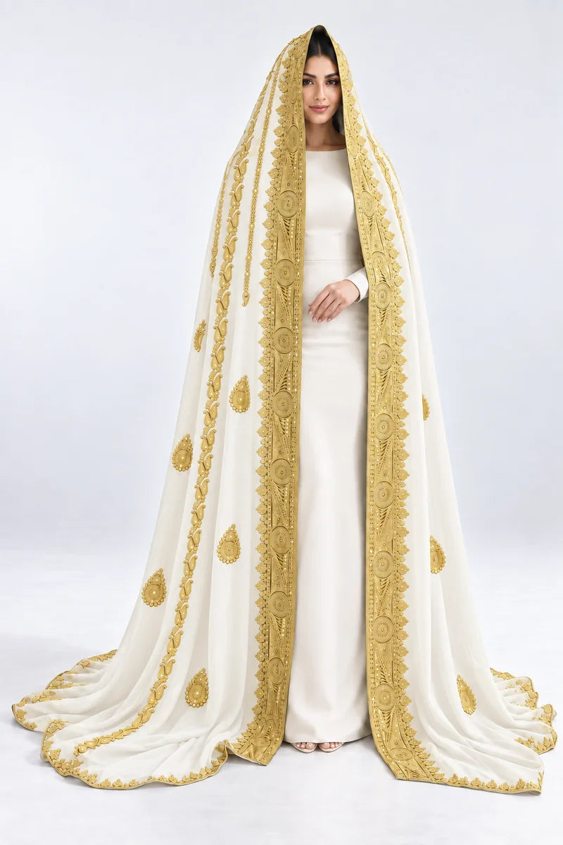 White and gold bridal veil, full front view on model