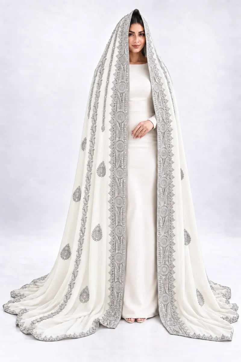 White and silver bridal veil, full front view on model