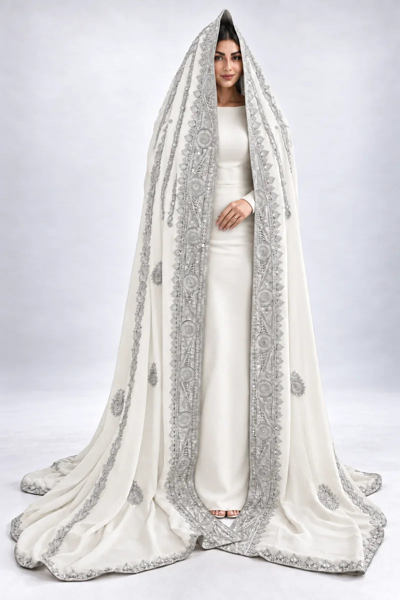 White and silver bridal veil, alternative front view on model