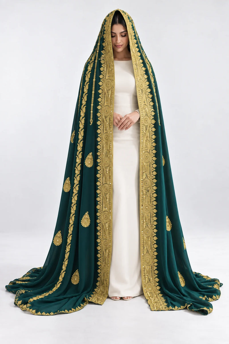 Emerald and gold bridal veil, full front view on model