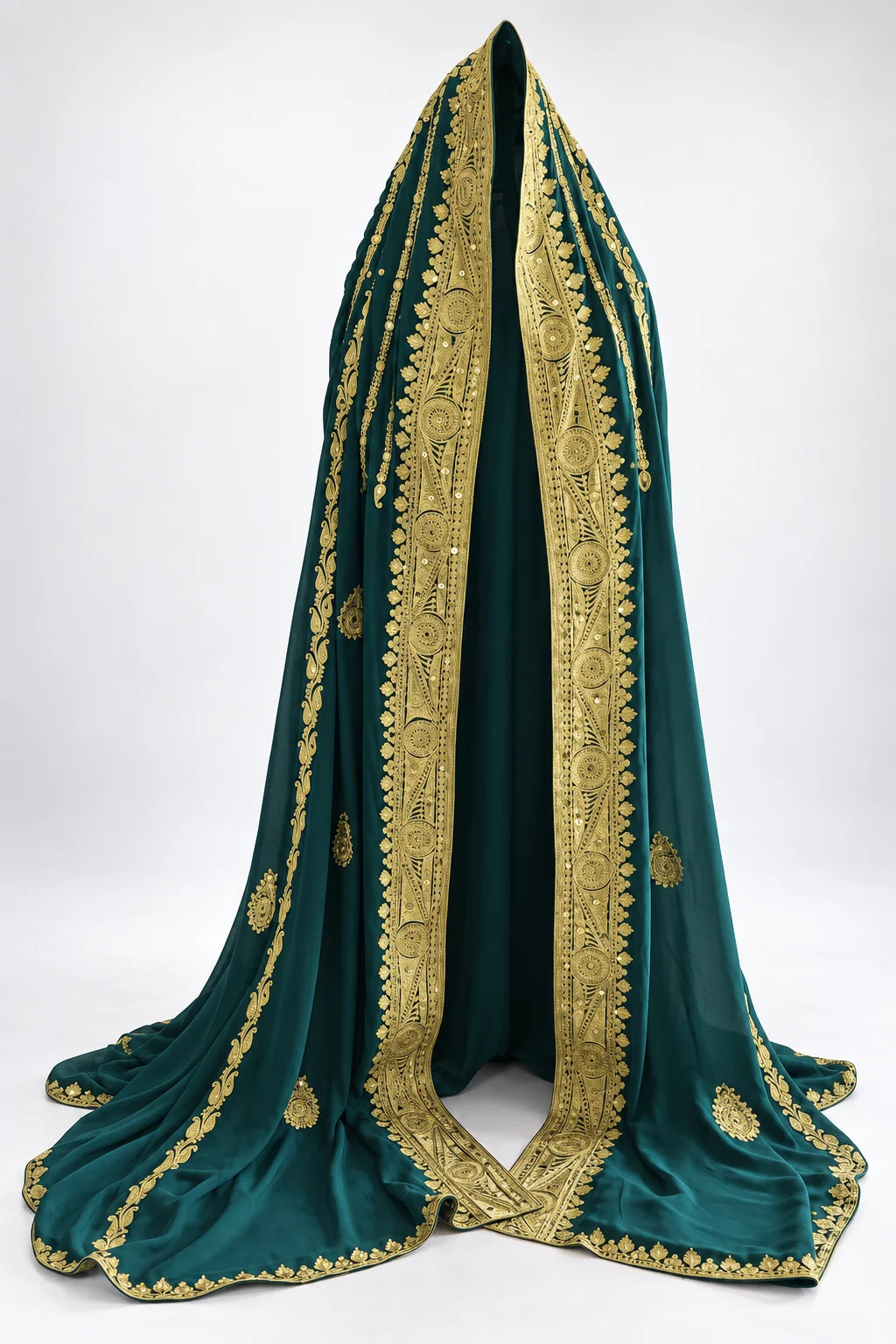 Emerald and gold bridal veil, front draped view