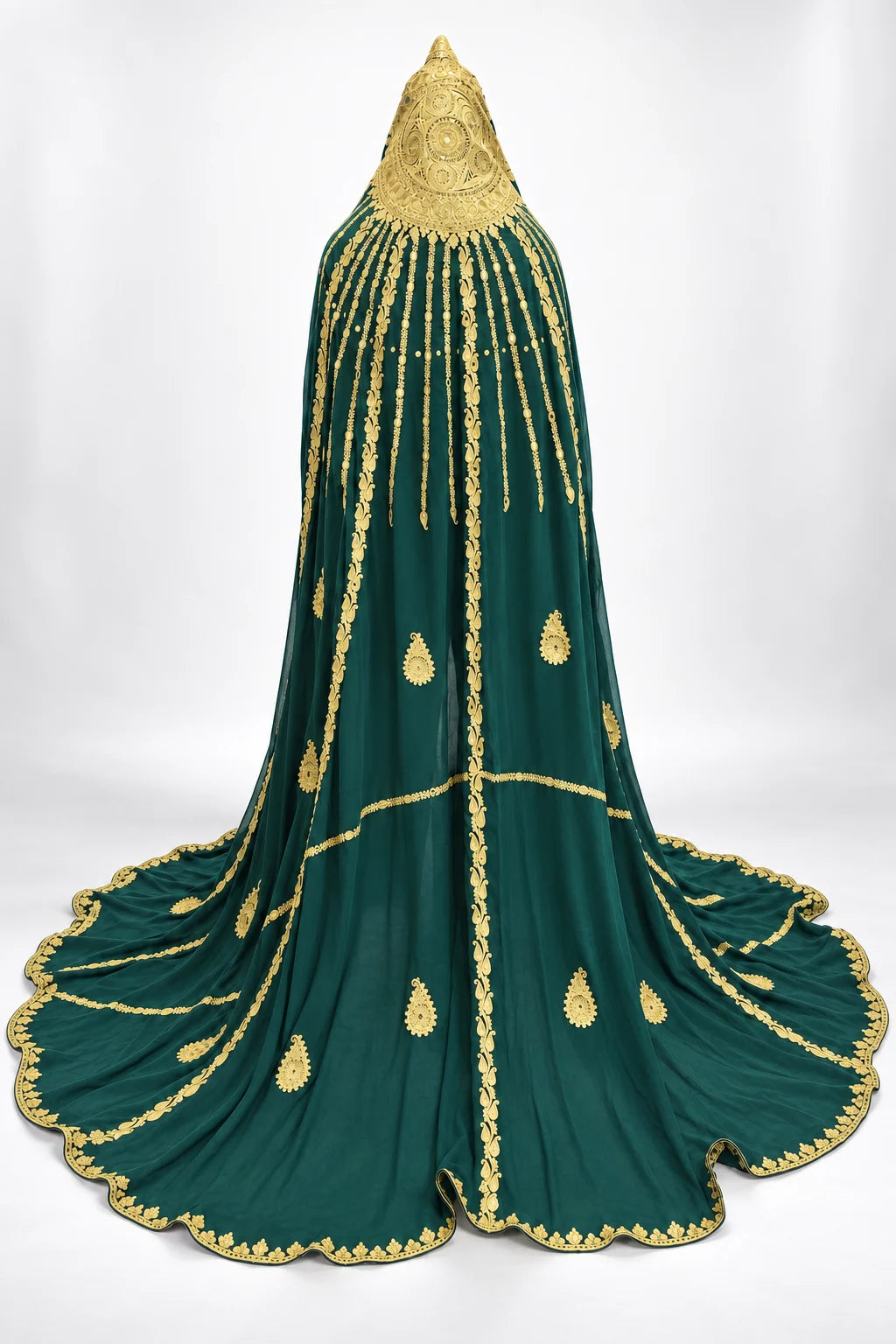 Bridal veil, full back view with gold motifs