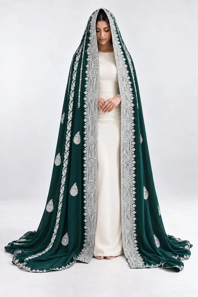 Emerald and silver bridal veil, full front view on model