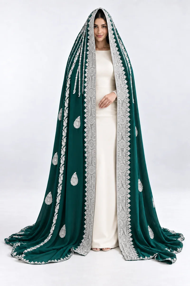 Emerald and silver bridal veil, alternative front view on model