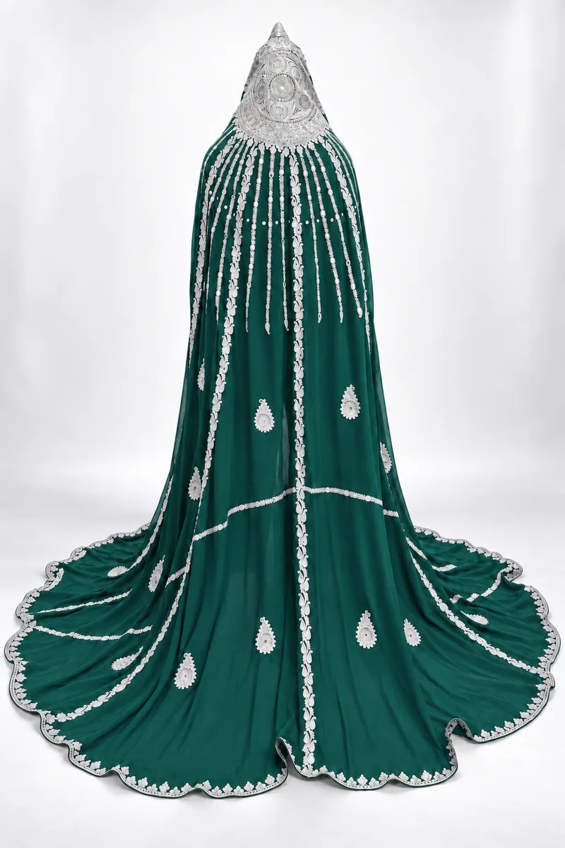 Emerald and silver bridal veil, full back view