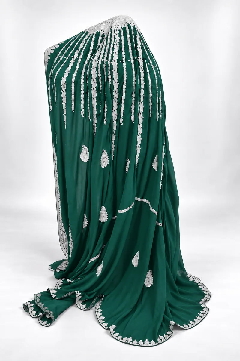 Emerald and silver bridal veil, side view