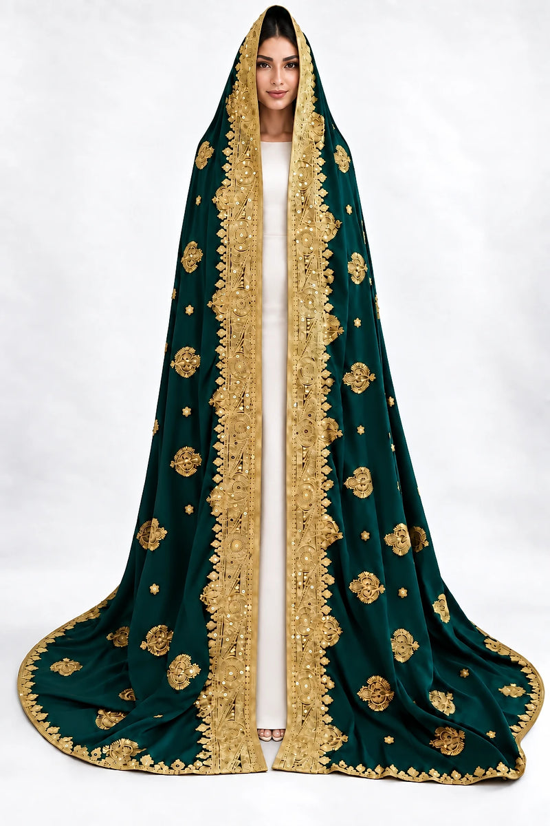 Limited edition emerald and gold Indian silk bridal veil — front view on model