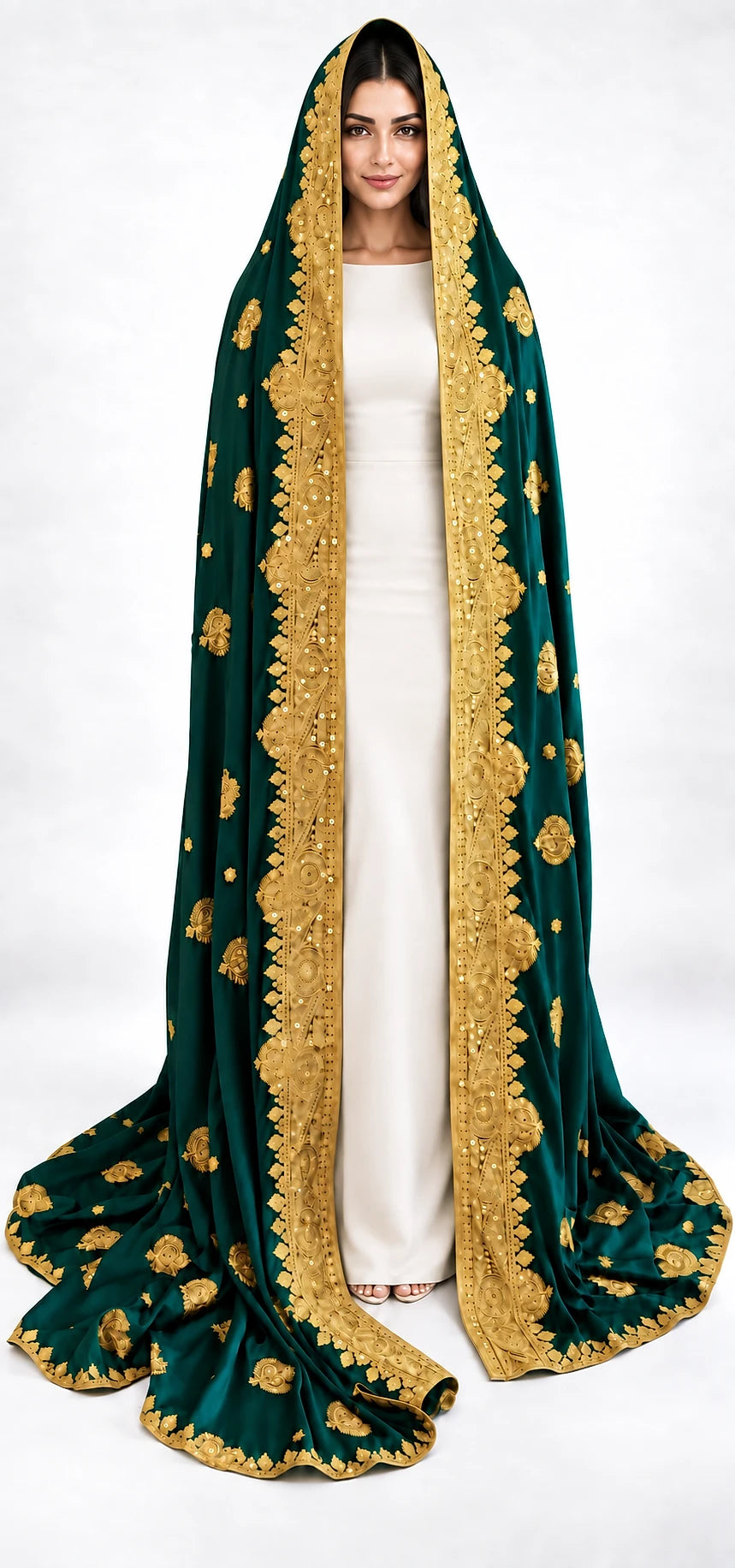Limited edition emerald and gold Indian silk bridal veil — draped front view on model