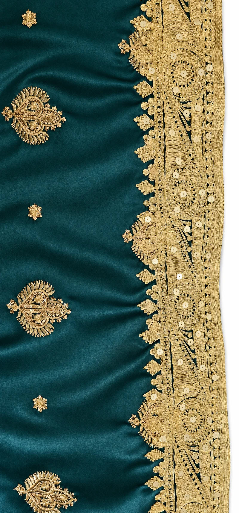 Limited edition emerald and gold Indian silk bridal veil — embroidery detail