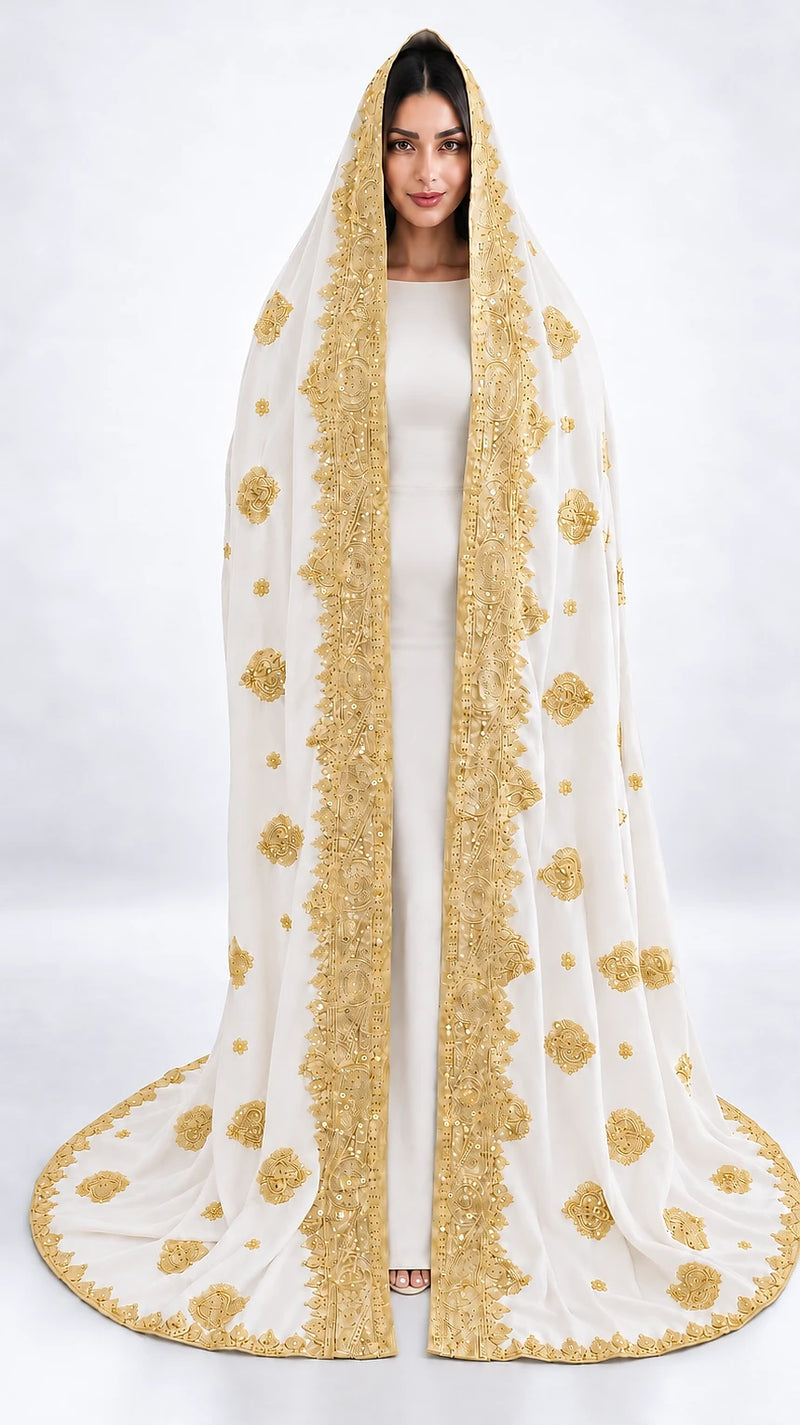 Limited edition white and gold Indian silk bridal veil — front view on model