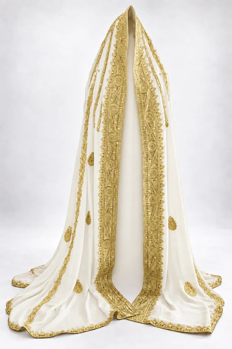 White and gold bridal veil, front draped view