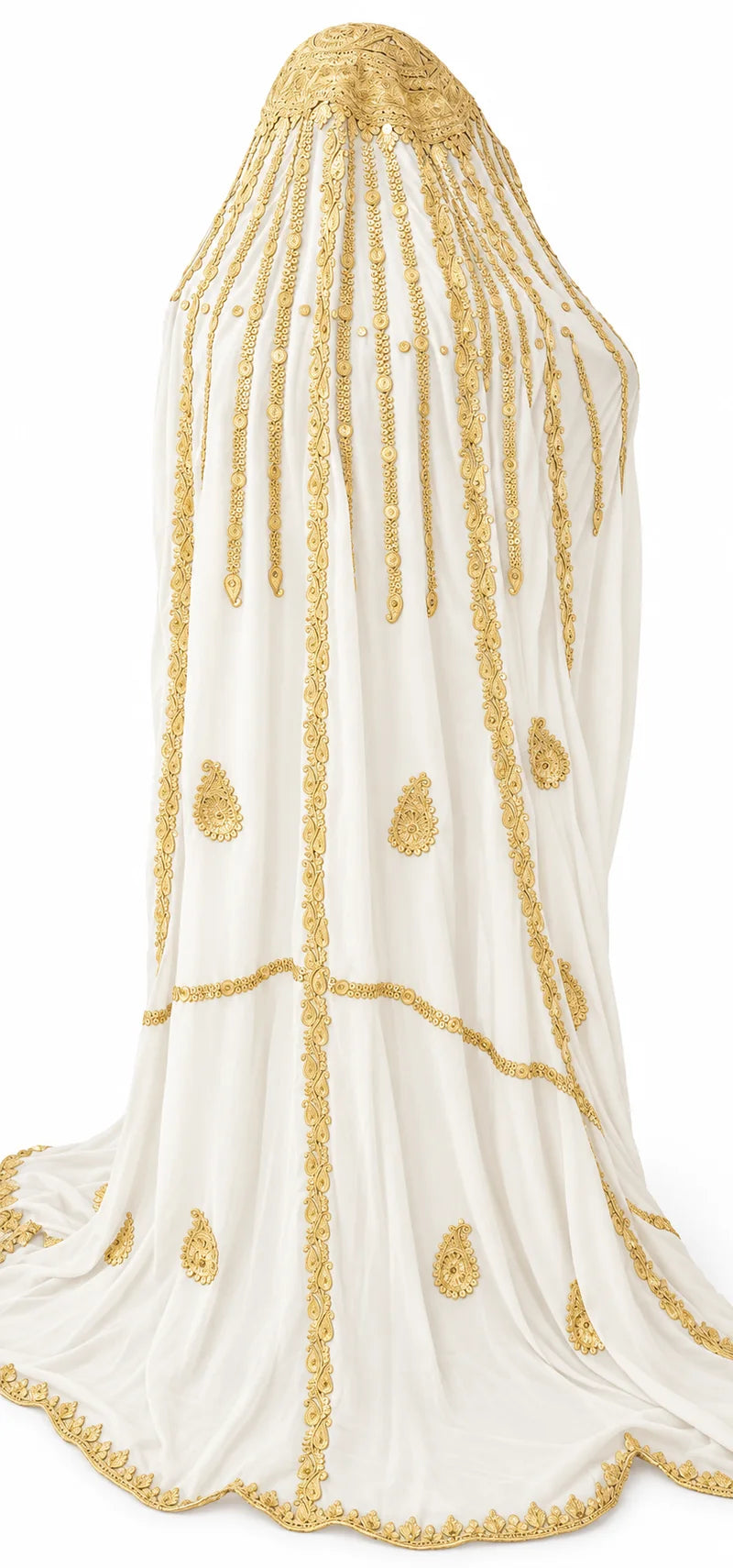 White and gold bridal veil, back view