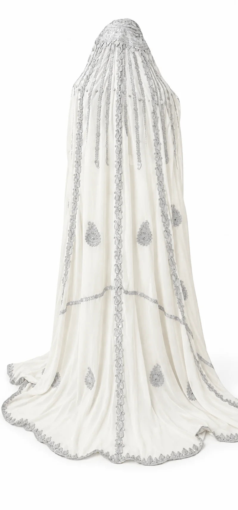 White and silver bridal veil, back view